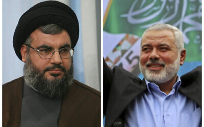Hezbollah chief Hasan Nasrallah (l) Hamas leader Ismail Haniyeh (r)