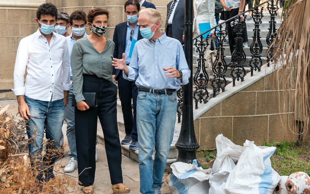 UNESCO’s Director-General Audrey Azoulay (center) with Roderick Sursock Cochrane (right) as they visit the Sursock Palace, affected by the explosions of 4 August and meets with the press in Beirut, Lebanon on August 27, 2020. Photo by Ammar Abd Rabbo/ABACAPRESS.COM