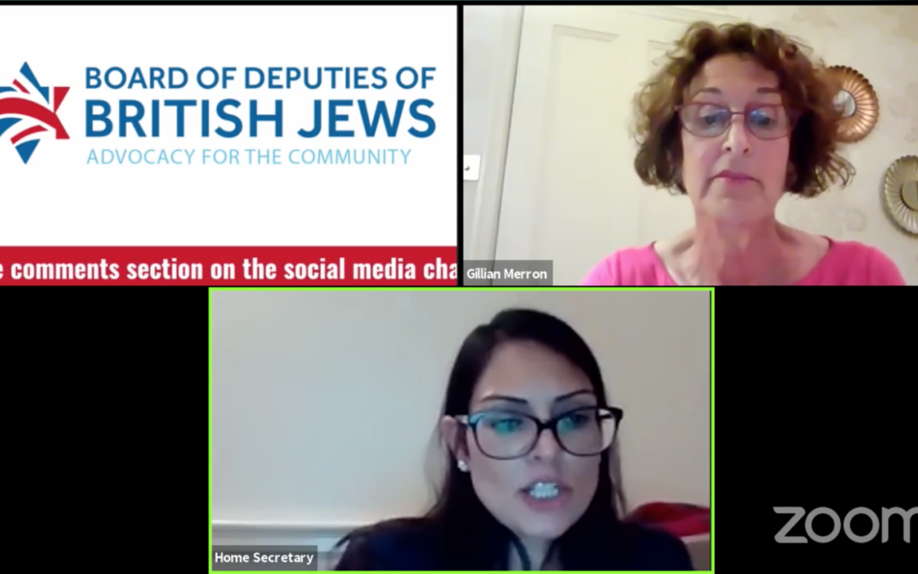 Priti Patel speaking to Gillian Merron, during the Board of Deputies event