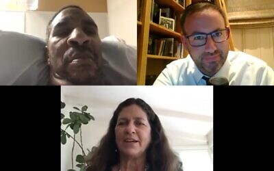 Rabbi Yoni Golker speaks with Denise (bottom) in conversation with Ronnie Fields, in a video focusing on forgiveness for the High Holy Days