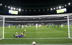 Tottenham Hotspur's Harry Kane scores his side's fifth goal against Maccabi Haifa, at the Tottenham Hotspur Stadium, London. (PA Wire/PA Images)