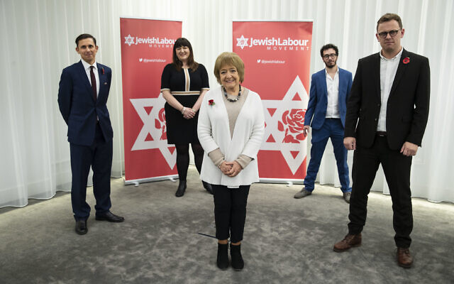 (back row left to right)  Mike Katz, Ruth Smeeth, Adam Langleben, (front row) Margaret Hodge and  Peter Mason, during a press conference by the Jewish Labour Movement at the offices of Mishcon de Reya in London, following the publication of damming anti-Semitism report by the Equality and Human Rights Commission (EHRC).