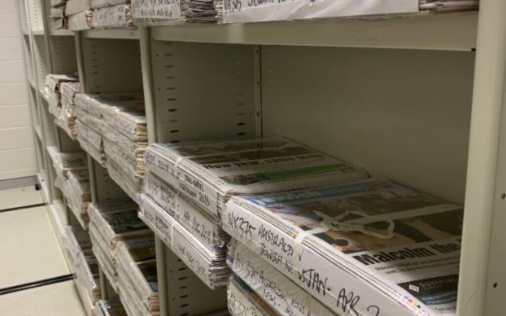 Jewish newspapers in stacks. (Courtsey: National Library of Australia)