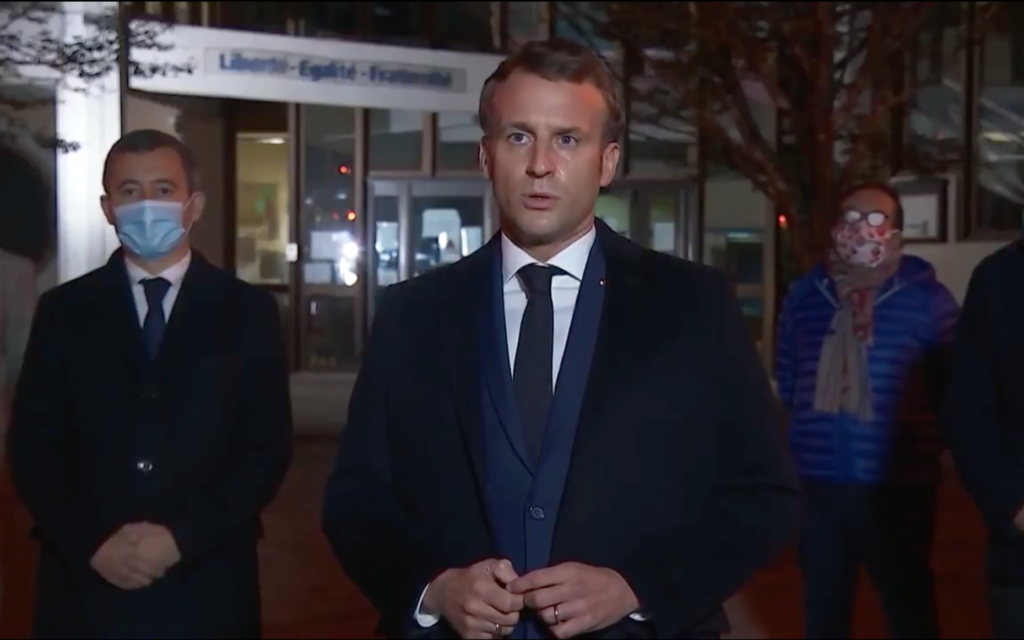 Screenshot from Twitter of President Macron addressing the nation's teachers, after the beheading of Samuel Paty