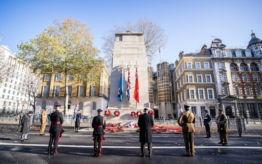 AJEX (Association of Jewish ex-Service Men & Women) photo  showing a small socially distanced ceremony at the Cenotaph on Whitehall in London, to honour fallen Servicemen and women and mark the 86th annual AJEX parade. (Credit: PA Media/AJEX)