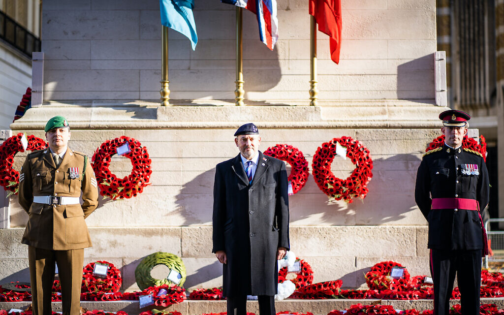 AJEX (Association of Jewish ex-Service Men & Women) photo showing (left to right) S/Sgt Dan Fox, Mike Bluestone, National Chairman of AJEX, and  Lt Col Danny Sharpe RAMC, at a small ceremony at the Cenotaph on Whitehall in London, to honour fallen Servicemen and women and mark the 86th annual AJEX parade.   (PA Media/AJEX)