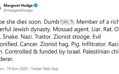 Screen grab taken from the twitter account of Margaret Hodge, the 76-year-old veteran politician has shared a number of insults that have been levied at her.