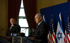 Israeli Prime Minister Benjamin Netanyahu during a meeting in Jerusalem with Mike Pompeo.   Photo by: Maya Alleruzzo, Pool Via JINIPIX