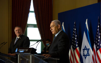 Israeli Prime Minister Benjamin Netanyahu during a meeting in Jerusalem with Mike Pompeo.   Photo by: Maya Alleruzzo, Pool Via JINIPIX
