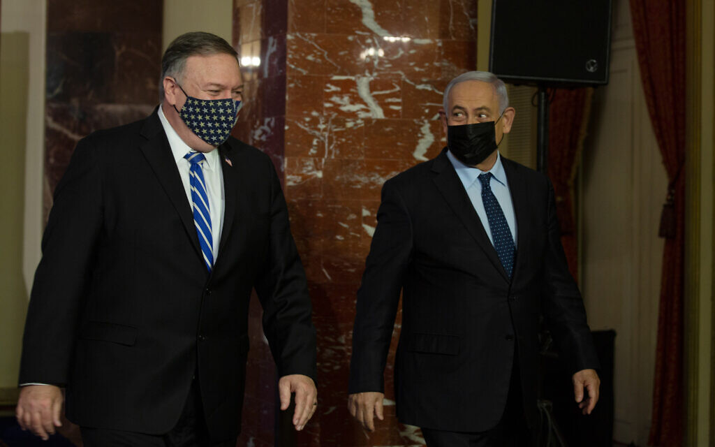 U.S. Secretary of State Mike Pompeo, left, and Israeli Prime Minister Benjamin Netanyahu make a joint statement after meeting in Jerusalem, Thursday, Nov. 19, 2020. Photo by: Maya Alleruzzo, Pool Via JINIPIX