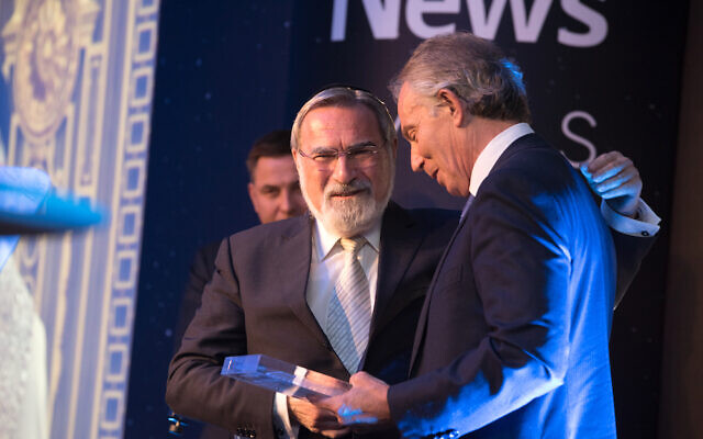 Former Chief Rabbi, Lord Sacks, being honoured by his friend Tony Blair at Jewish News Night of Heroes. (Blake Ezra Photography Ltd.)
