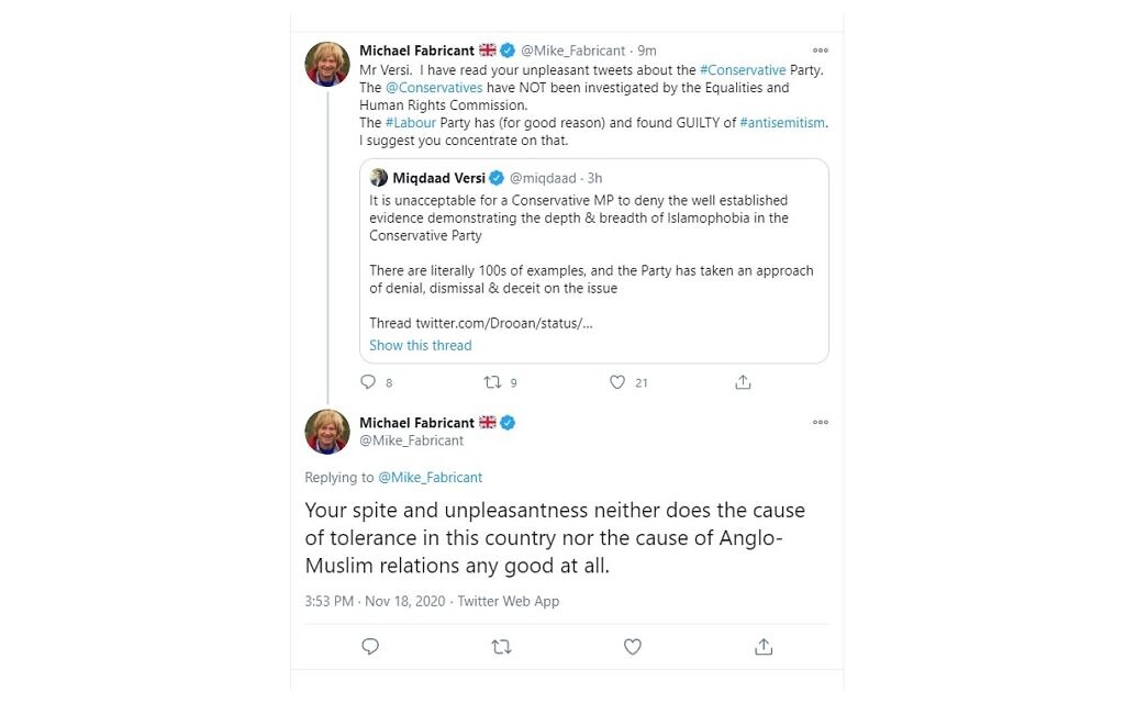 Michael Fabricant's tweets. (Source: Miqdaad Versi on Twitter.)
