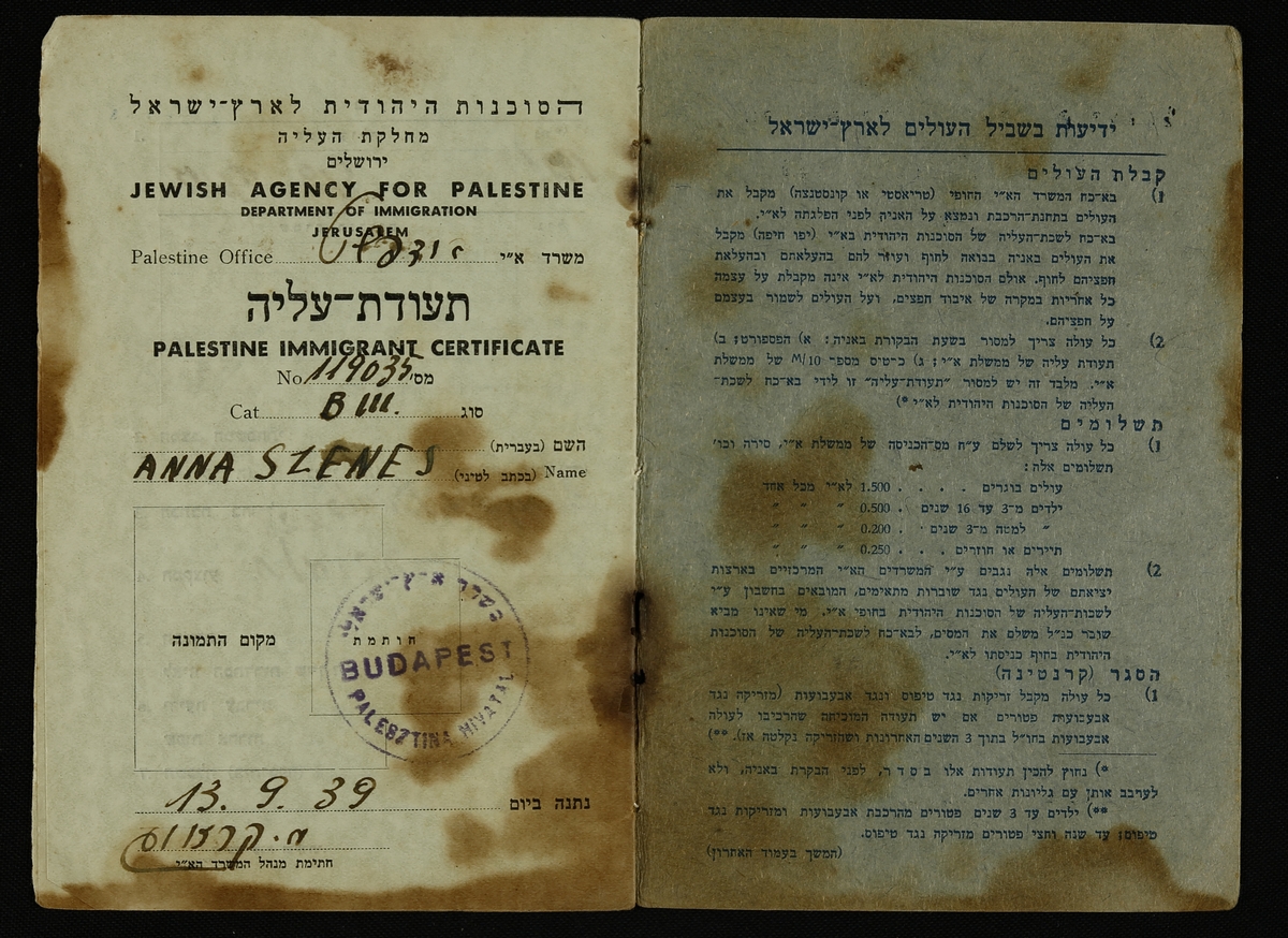Hannah Senesh Immigrant Certificate, 1939