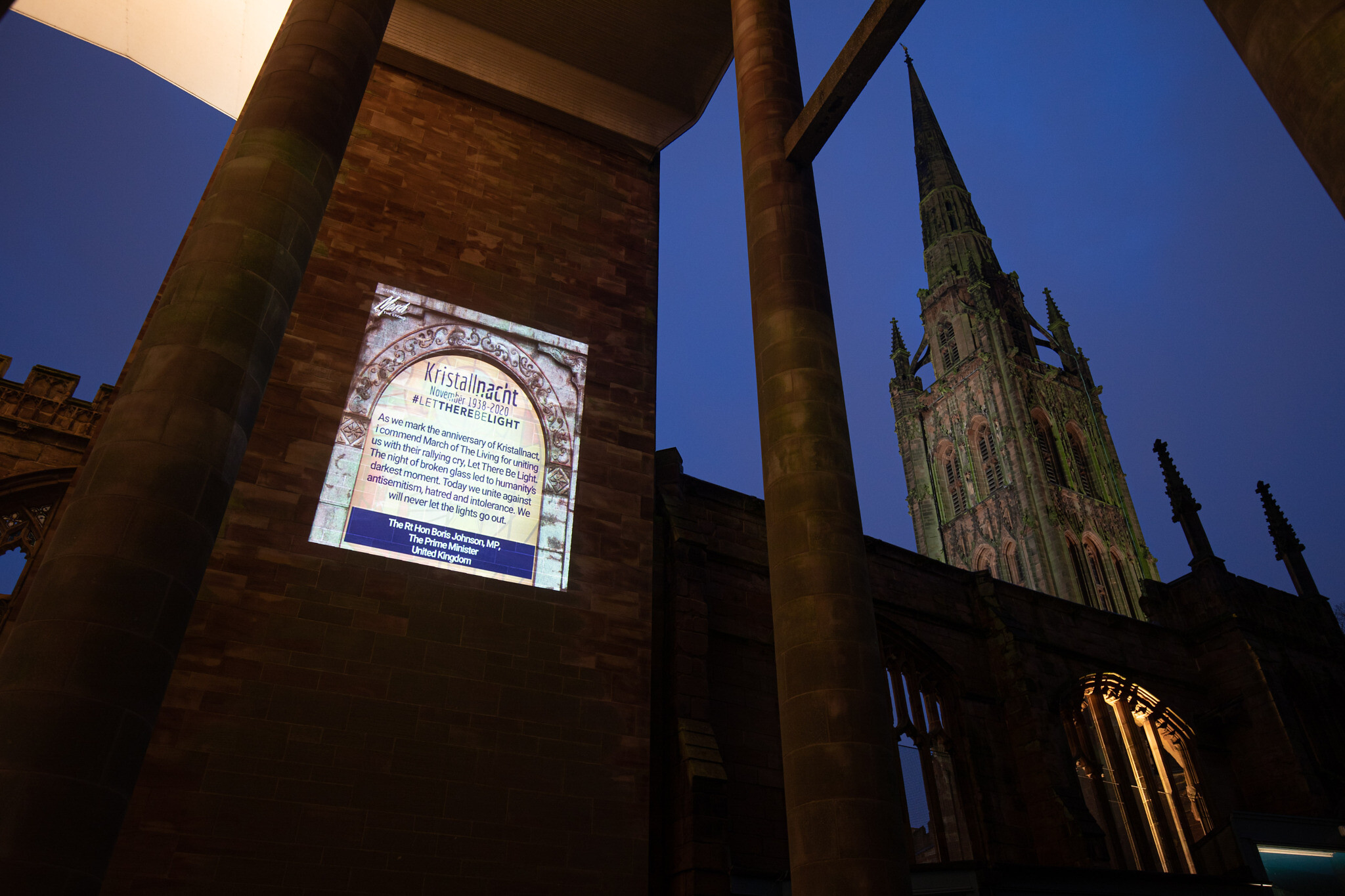 Message of commemoration from Boris Johnson at Coventry Cathedral (Credit: Sam Churchill) Message of commemoration from Boris Johnson at Coventry Cathedral (Credit: Sam Churchill)