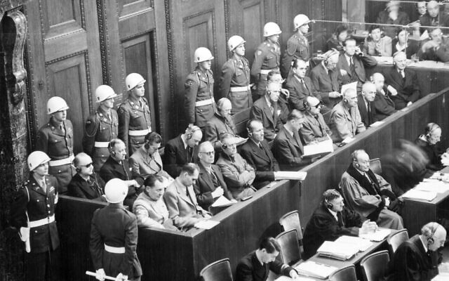 Nuremberg Trials: looking down on the defendants' dock. Ca. 1945-46.