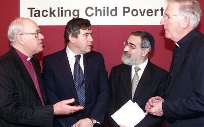 Gordon Brown joined by religious leaders for a meeting about child poverty, during his time as Chancellor. He is pictured with Dr. George Carey, former Archbishop of Canterbury (L), former Chief Rabbi, Jonathan Sacks and  former Archbishop  of Westminster, Cormac Murphy O'Connor.