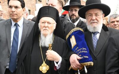 L-R: Danny Danon, Former Permanent Representative of Israel to the United Nations, Rabbi Israel Meir Lau, Ecumenical Patriarch Bartholomew I (Archbishop of Constantinople) during March of the Living