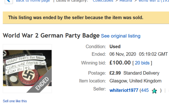 Nazi badge on sale - flagged to eBay