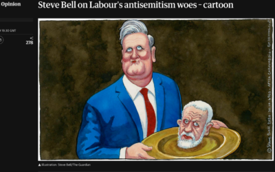 Screenshot from the Guardian's website of Steve Bell's controversial cartoon. (Credit: The Guardian / https://www.theguardian.com/commentisfree/picture/2020/oct/29/steve-bell-labour-antisemitism-starmer-corbyn-cartoon)