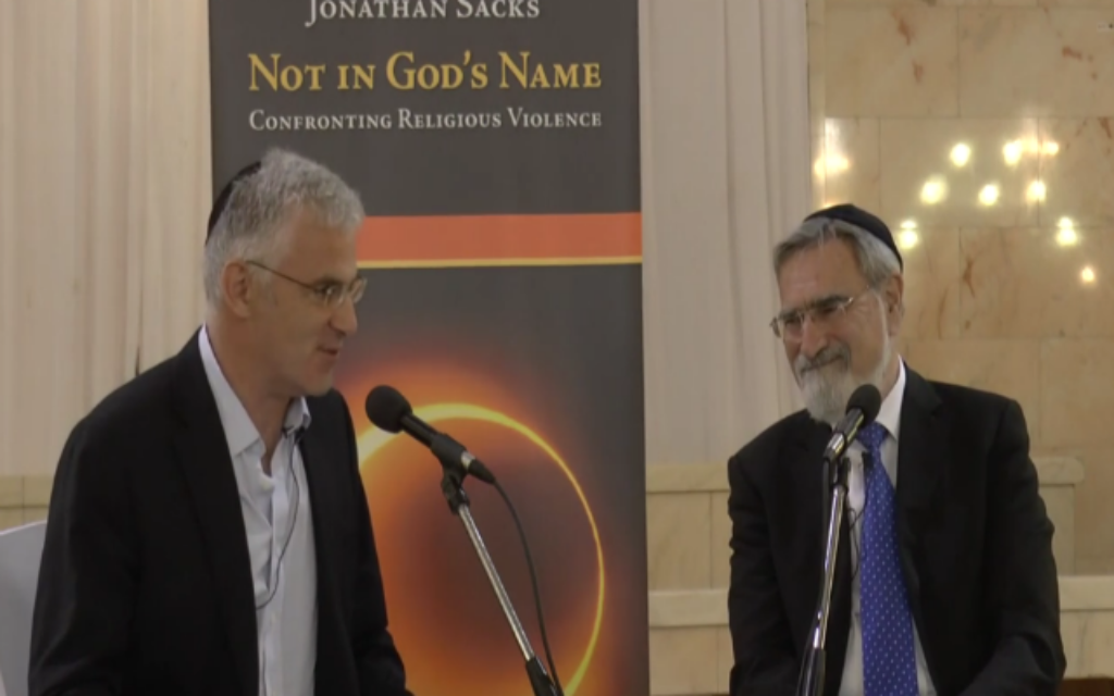 Daniel Taub (left) interviewing Rabbi Lord Sacks
