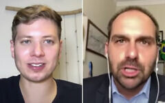 Yair Netanyahu, left, interviews Eduardo Bolsonaro. (Screen shots from YouTube via JTA)