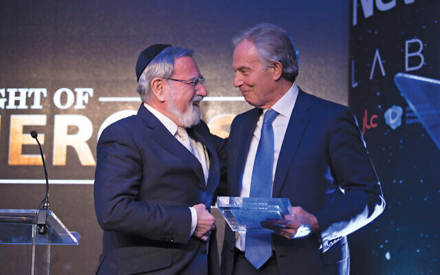 Former Chief Rabbi, Lord Sacks, being honoured by his friend Tony Blair at Jewish News Night of Heroes. (Blake Ezra Photography Ltd.)