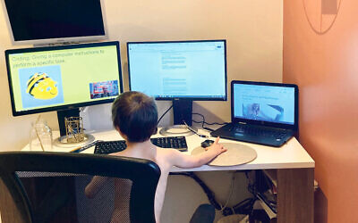 Claire’s five-year-old son Teddy takes over the office at home to learn coding