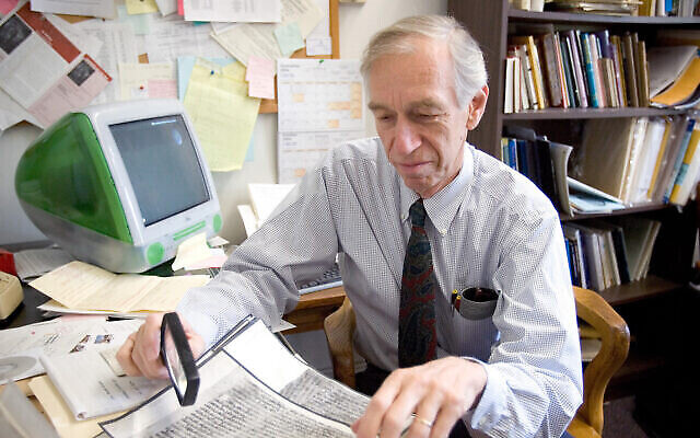 Norman Golb at work in his University of Chicago office. (Courtesy of the University of Chicago via JTA)