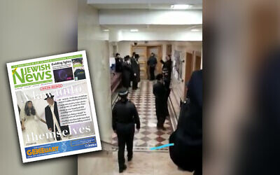 Screen-grab from JN video of police intervening at a shul in Stamford Hill where a simcha is taking place