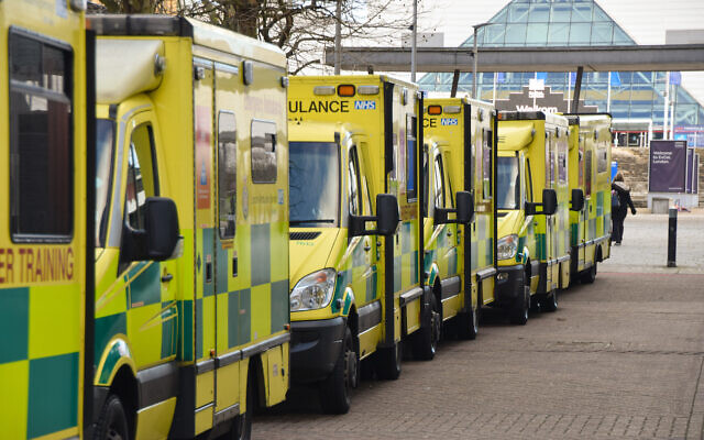 Ambulance vehicles outside the ExCeL centre in East London. (Photo by Vuk Valcic / SOPA Images/Sipa USA)