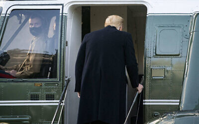 U.S. President Donald Trump boards Marine One on the South Lawn of the White House in Washington, D.C., U.S., on Wednesday, Jan. 20, 2021. Photo by Al Drago/Pool/ABACAPRESS.COM