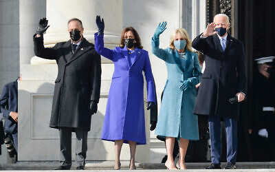 Doug Emhoff, Vice President-elect Kamala Harris, Dr. Jill Biden and President-elect Joe Biden wave to spectators arrive for the Inauguration Day ceremony of President-Elect Joe Biden and Vice President-Elect Kamala Harris held at the U.S. Capitol Building in Washington, D.C. on Jan. 20, 2021. President-elect Joe Biden becomes the 46th President of the United States at noon on Inauguration Day. (Photo by Anthony Behar/Sipa USA)