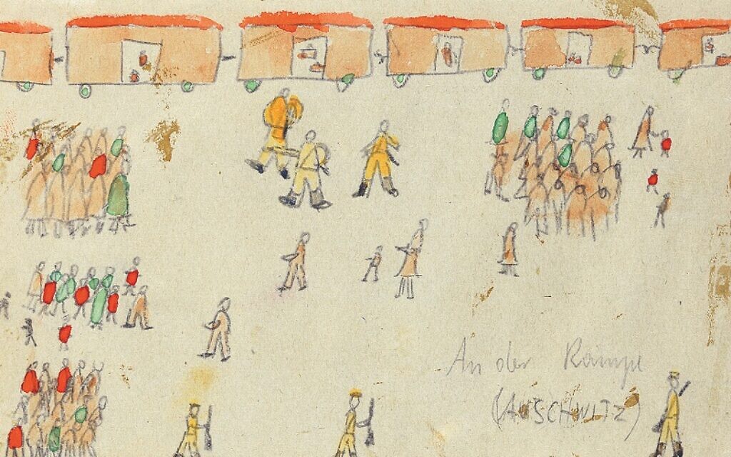 Thomas' sketch of the selection on the ramp was chosen to be etched onto a memorial wall at Auschwitz