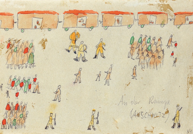 Thomas' sketch of the selection on the ramp was chosen to be etched onto a memorial wall at Auschwitz