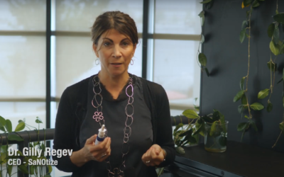 Dr Gilly Regev, who co-founded SaNOtize Research and Development Corp, speaking during a promotional video for its nasal spray