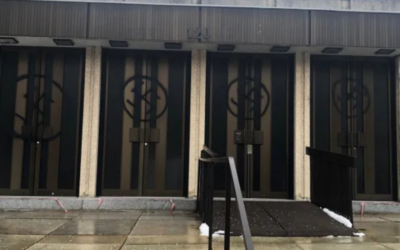 Swastikas were spray-painted on Montreal's Congregation Shaar Hashomayim's front doors Jan. 13, 2021. (Photo distributed by Friends of Simon Wiesenthal centre) Via JTA