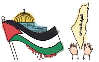 Palestinian flag and hands with dripping blood