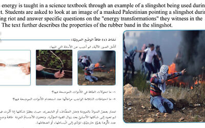 In this Palestinian school textbook, physics students are asked to calculate the forces at play when a slingshot is fired at Israeli soldiers