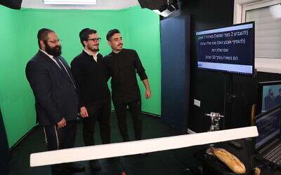 Rabbi Yehoshua Soudakoff in the green screen room with actors Daniel Malka, Chen Belilty