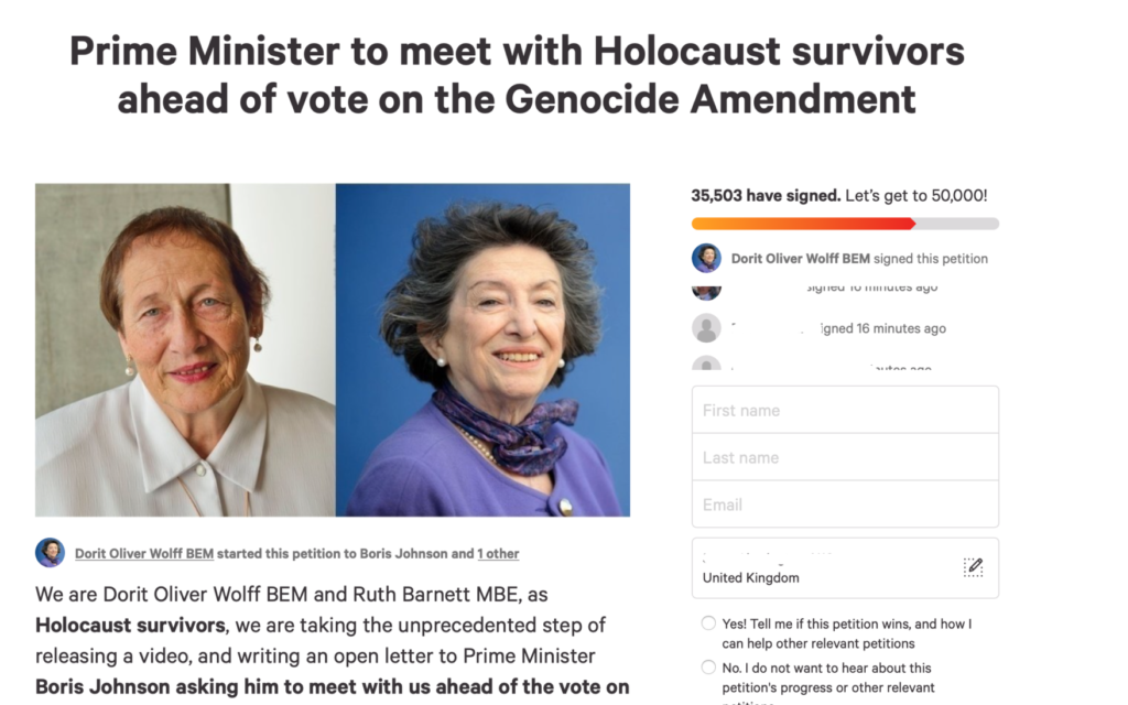 Screenshot fo the petition to Boris Johnson