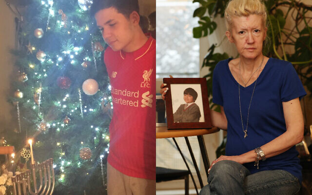 Left: Sven celebrating Chanukah and Christmas. Right: His grieving mother Jasna holding a picture of her only son