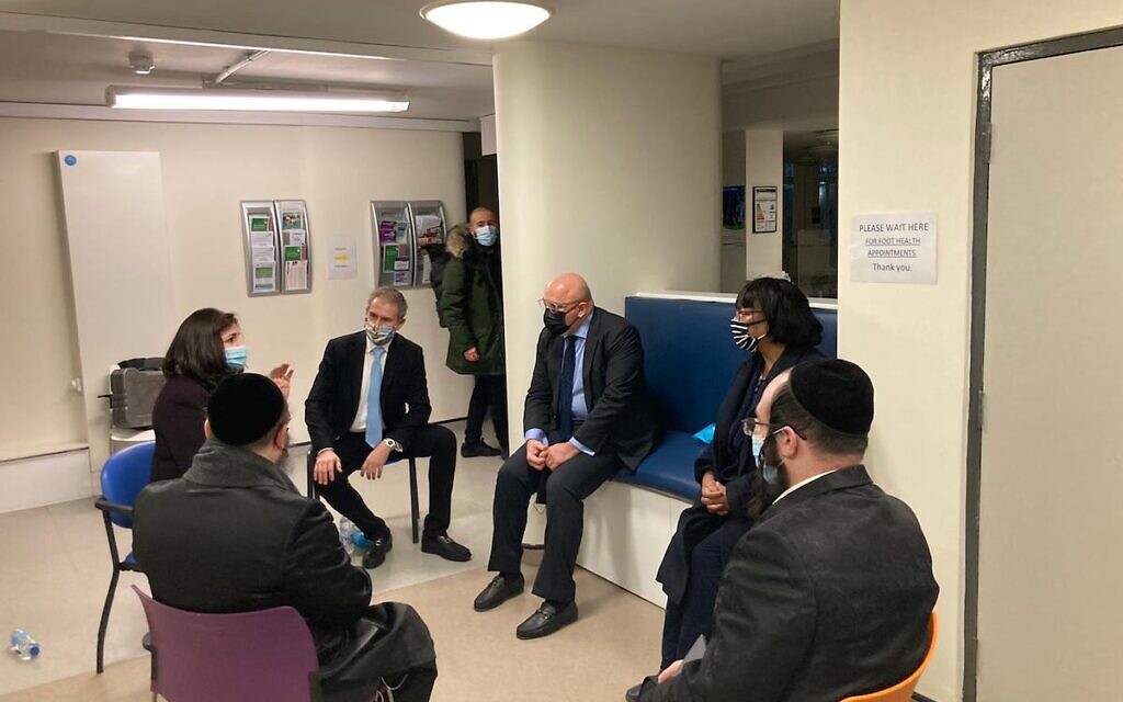 Diane Abbott and Nadhim Zahawi meeting Jewish leaders at the vaccination centre in Hackney