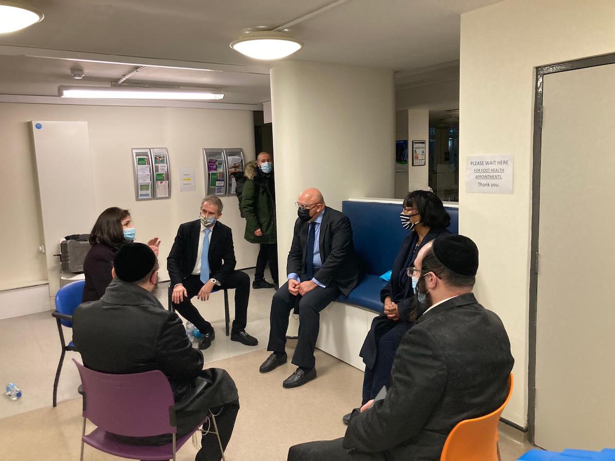 Diane Abbott and Nadhim Zahawi meeting Jewish leaders at the vaccination centre in Hackney