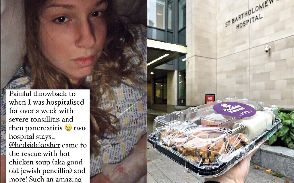 Left: Naomi's social media post from hospital. Right: A volunteer from Bedside Kosher delivers kosher food