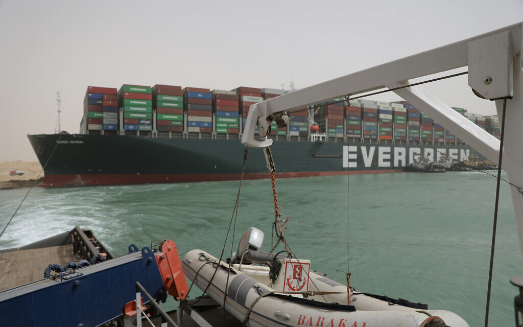 Handout photo issued by the Suez Canal Authority showing the view from a boat alongside the Ever Given on Thursday March 25, 2021 (Image: PA)