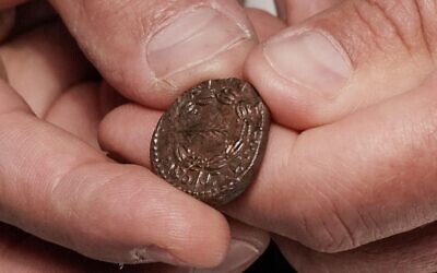 Archaeologists display rare coins bearing Jewish symbols including a harp and a date palm, left behind by the Jewish rebels who fled to the caves of the Judean Desert at the end of the Bar Kokhba Revolt (132 - 136 CE).