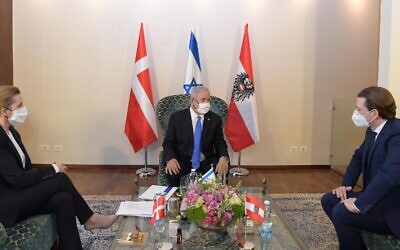Israel's Benjamin Netanyahu with Danish Prime Minister Mette Frederiksen (left) and Austria's Sebastian Kurz (Photo: Twitter/@IsraeliPM)