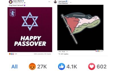 Aston Villa's Pesach message, with one someone's anti-Israel response which was 'liked' more than 4.4K times