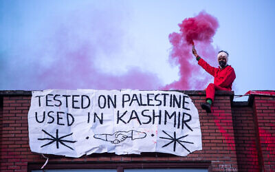 Palestine Action protesters in Oldham, where at least five people have been arrested after protests at a factory which pro-Palestinian activists claim supplies weapons to Israel. Issue date: Tuesday April 13, 2021.