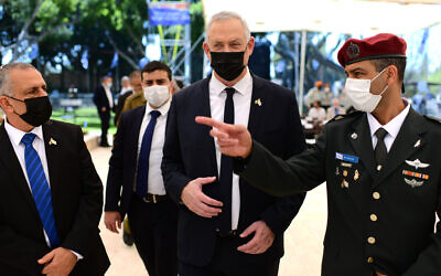 Israeli alternate Prime Minister and Minister of Defense Benny Gantz attends a ceremony marking Memorial Day which commemorates the fallen Israeli soldiers and victims of terror, at Kiryat Shaul Military Cemetery in Tel Aviv, April 14, 2021. Photo by: Tomer Neuberg-JINIPIX